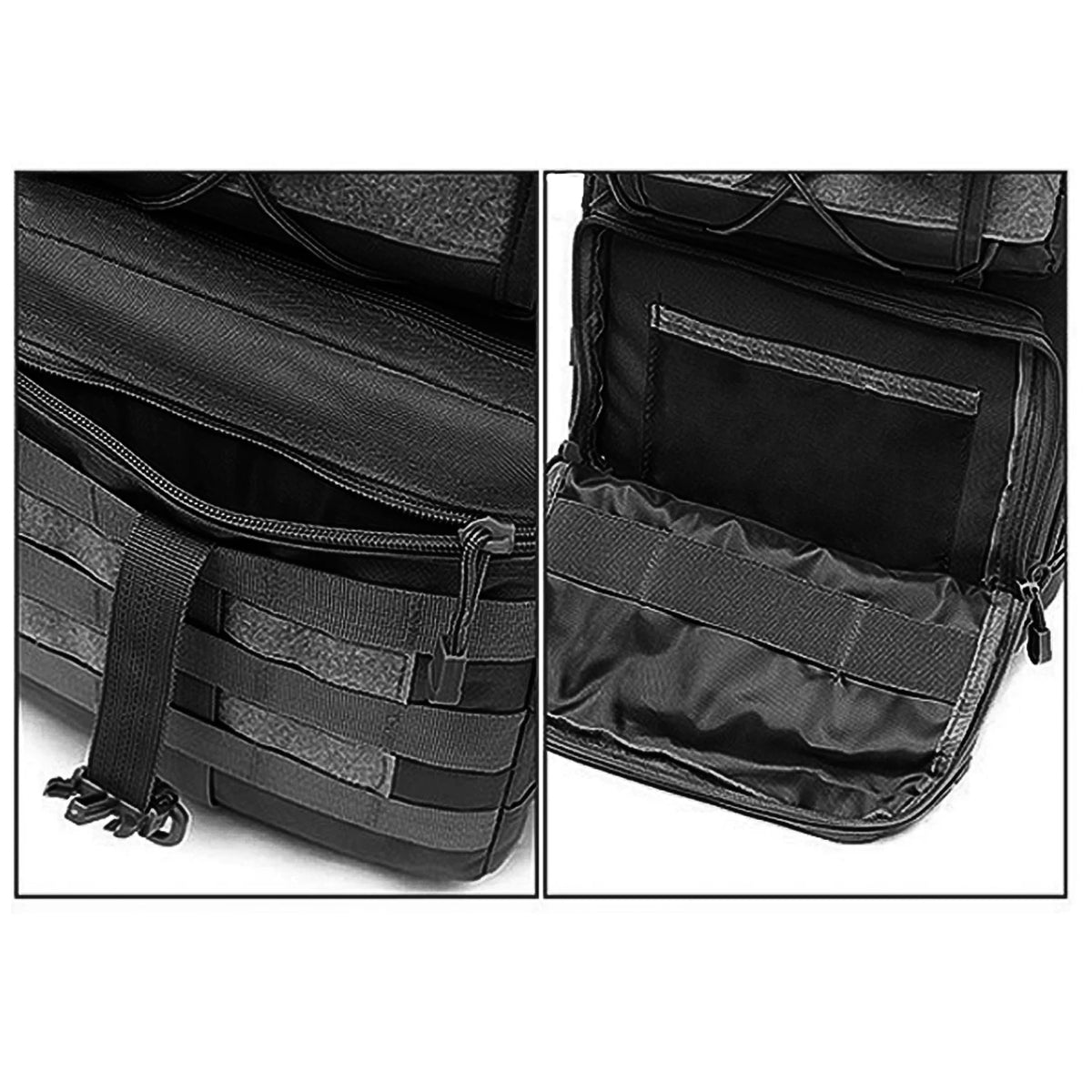 Close-up view of a black crossbody chest bag with multiple zipper compartments and MOLLE webbing.