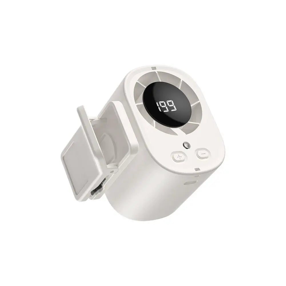 A white portable clip-on fan with a digital LED display showing 199.