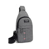 Gray men's waterproof fanny pack with a black adjustable strap and a fashion logo patch.