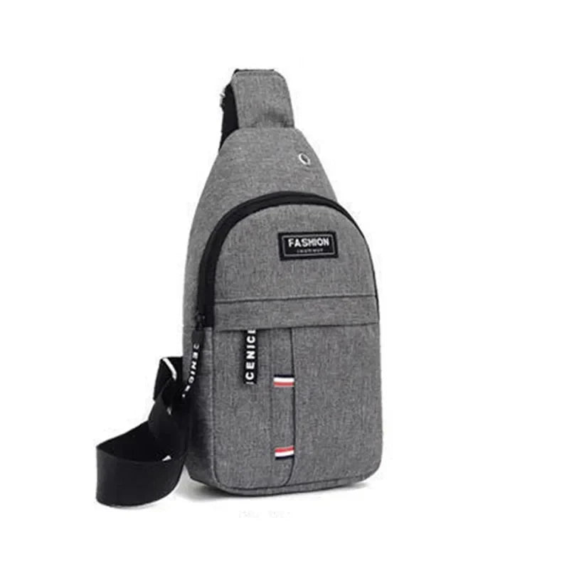 Gray men's waterproof fanny pack with a black adjustable strap and a fashion logo patch.