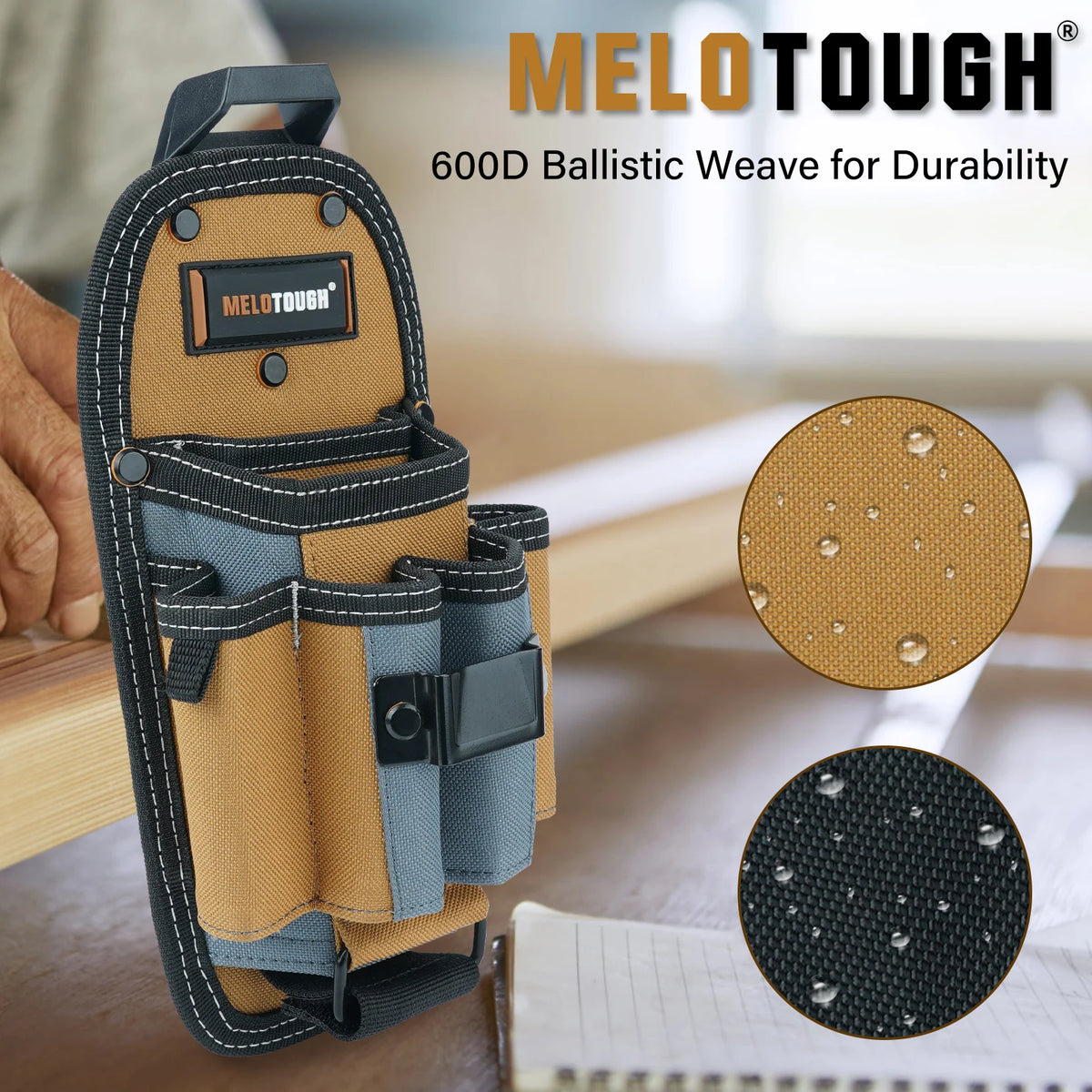 A tan and gray ballistic weave tool pouch with a black belt clip is shown next to circular close-ups of the material.