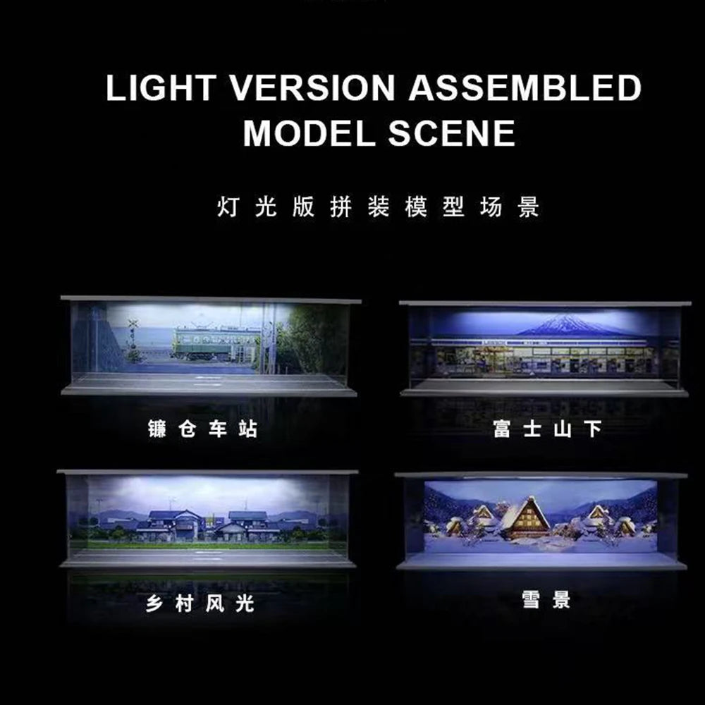 Light version assembled model scene showing various dioramas including a car garage, a mountain scene, and a forest light.