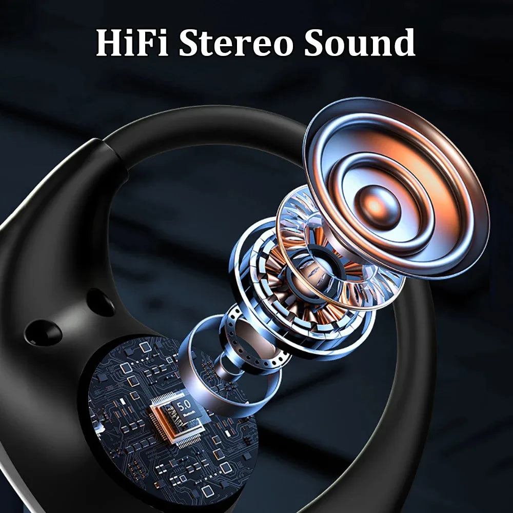 A close-up of a black wireless earphone with an ear hook and a detailed circuit board visible inside.