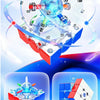 A blue magnetic cube device is shown in flight, demonstrating its 3x3 speed cube function and app connectivity.