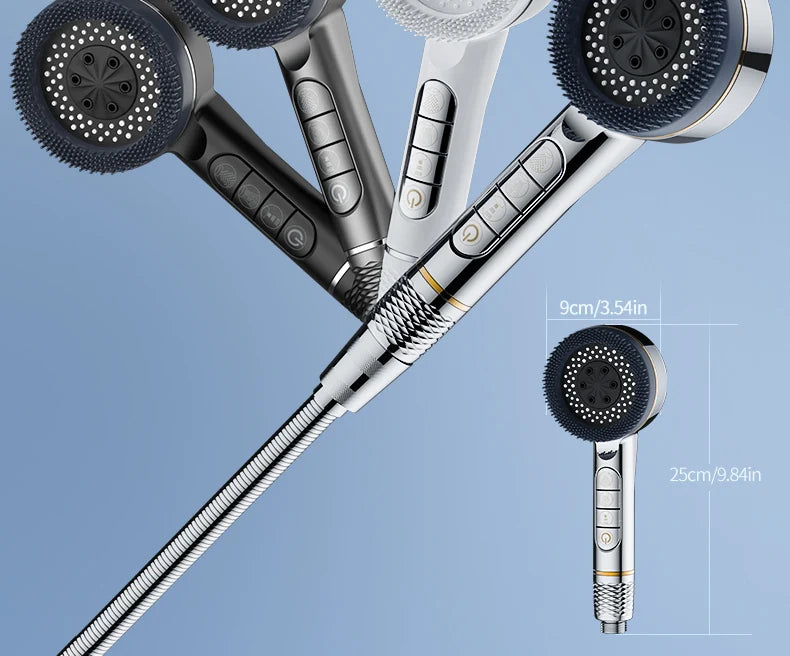 A close-up view of a silver high-pressure shower head with multiple nozzles and controls.