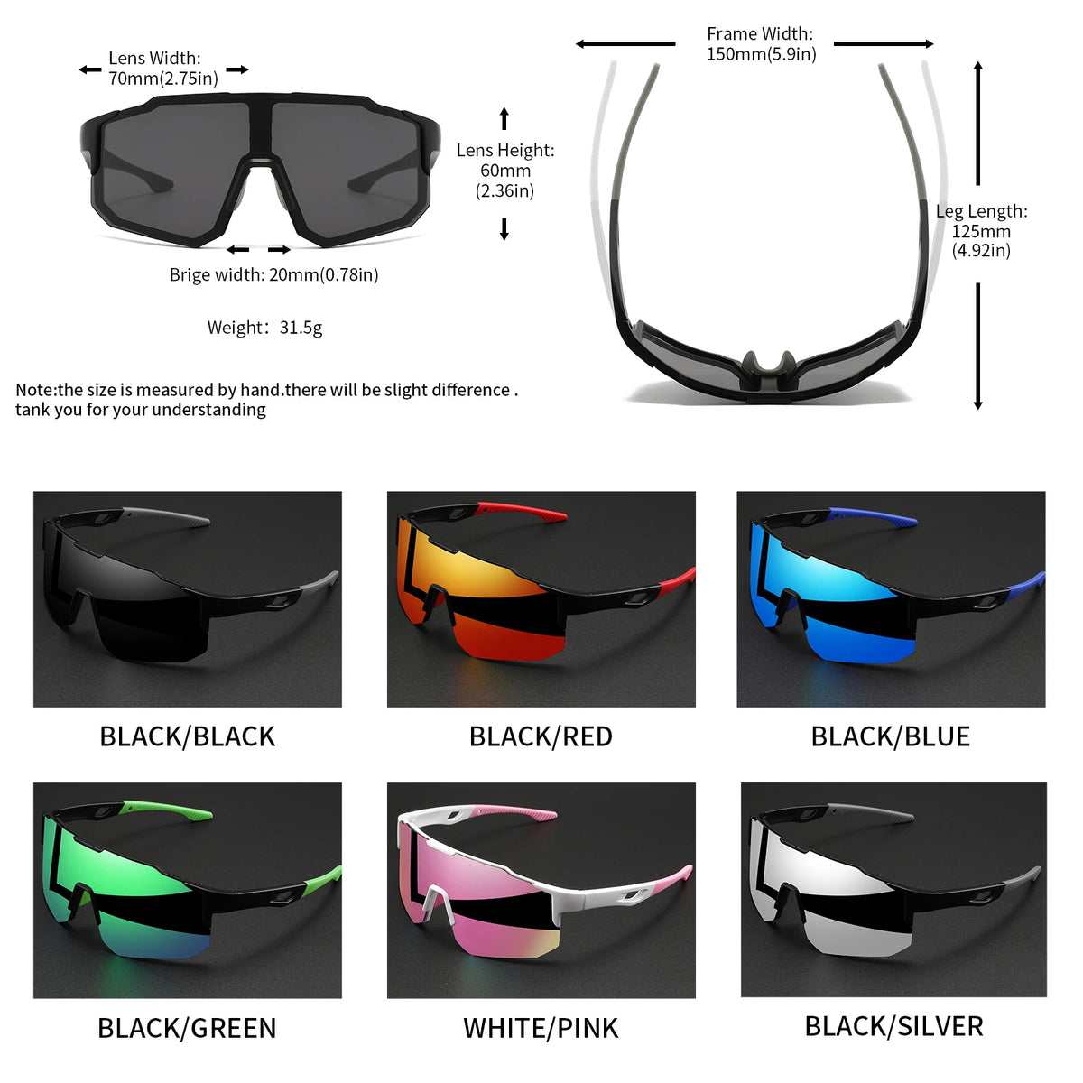 Collection de lunettes de soleil sport wraparound noires dans diverses couleurs : rouge, bleu, vert, rose et argent.