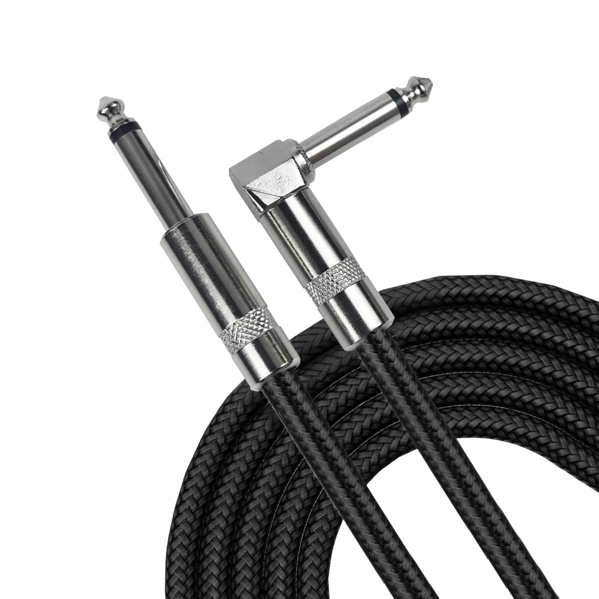 A silver braided guitar cable with a right-angle connector is shown against a black background.