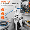 A hand holds a heavy-duty multifunctional wire stripping pliers with various cutting and crimping tools visible.