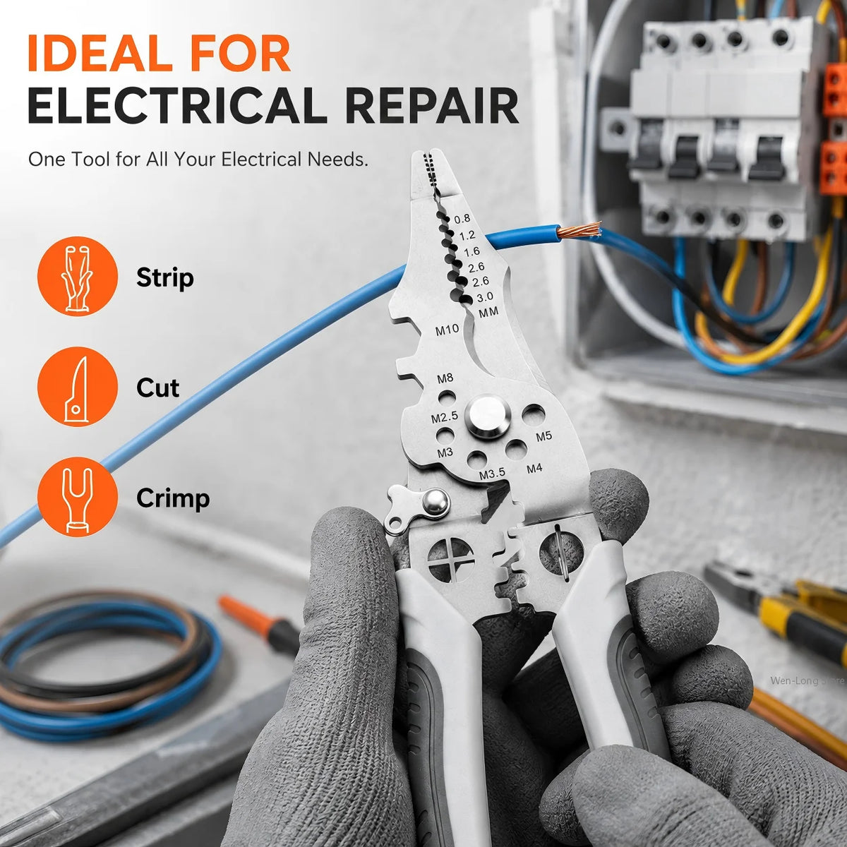 A hand holds a heavy-duty multifunctional wire stripping pliers with various cutting and crimping tools visible.