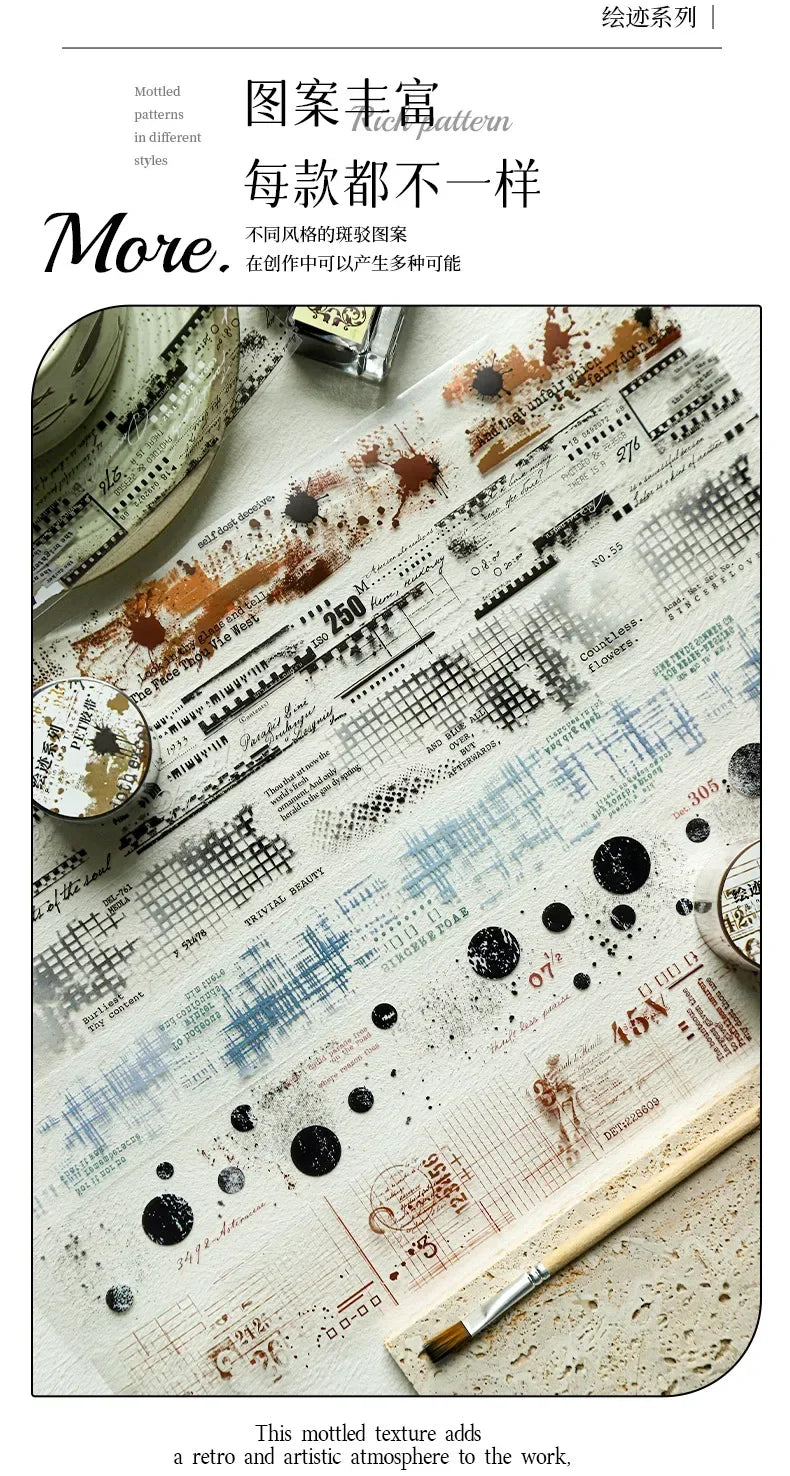 A close-up of decorative PET washi tape featuring a mottled collage design on aged paper.