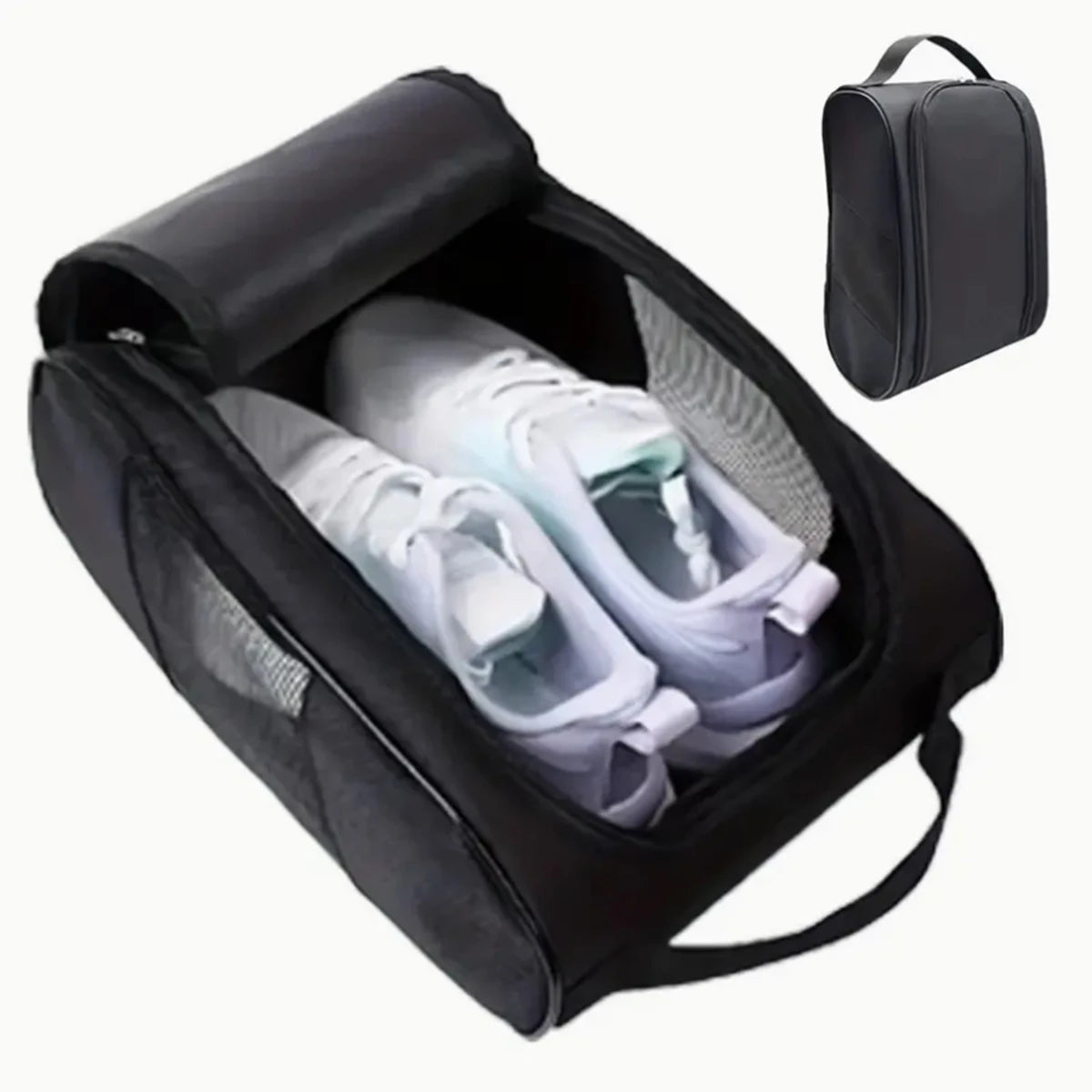 Black breathable oxford cloth shoe storage bag with a lid and a separate pouch for shoes