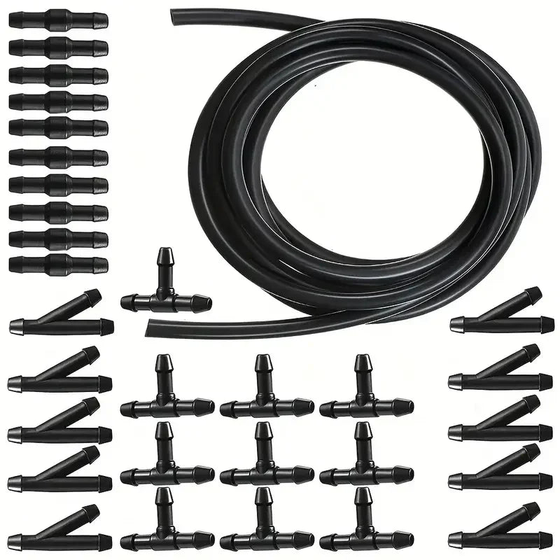A set of black universal windshield washer hose connectors and tubing.