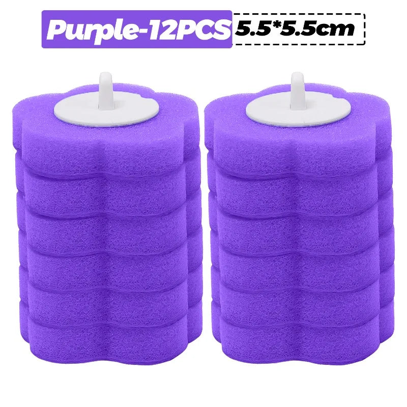 Twelve purple disposable toilet brush replacement heads measuring 5.5 by 5.5 cm