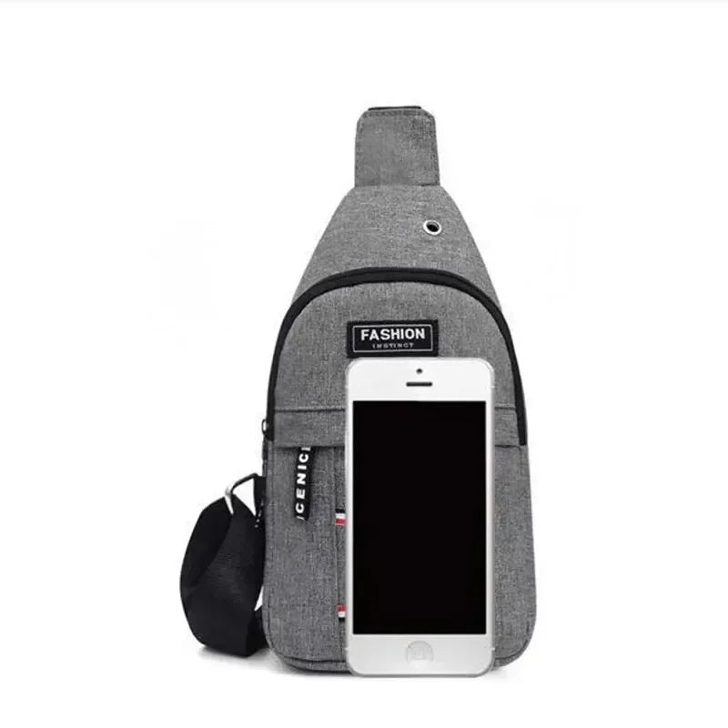 A gray fanny pack designed for carrying a smartphone, featuring an adjustable strap.