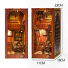 A wooden book nook kit featuring a detailed interior scene with built-in LED lighting and scale dimensions.