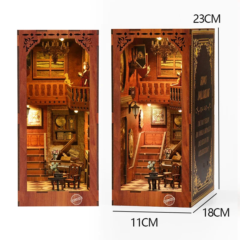 A wooden book nook kit featuring a detailed interior scene with built-in LED lighting and scale dimensions.