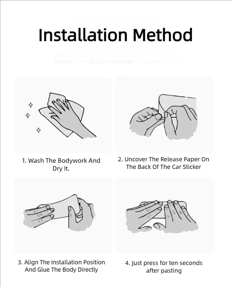 Four steps illustrating the installation method for an I Love You Drive Safe car mirror sticker.