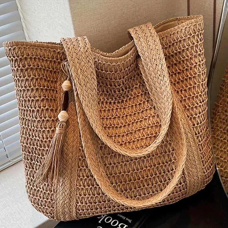 Natural Straw Woven Tote Bag with Tassel