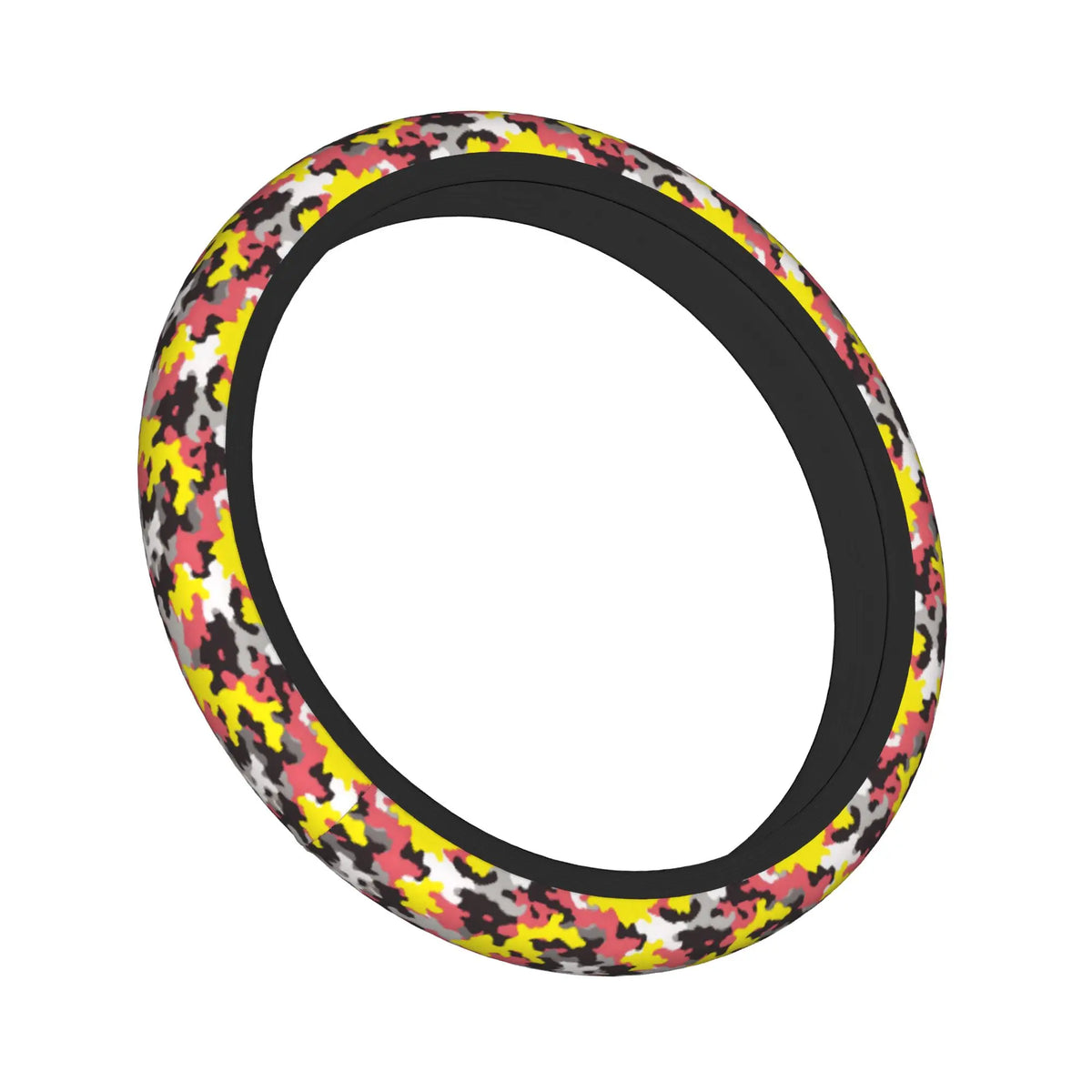A steering wheel cover with a camouflage pattern featuring pink, yellow, and gray leaves.