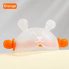 A white bunny-shaped baby teether with orange accents is shown against a light background.