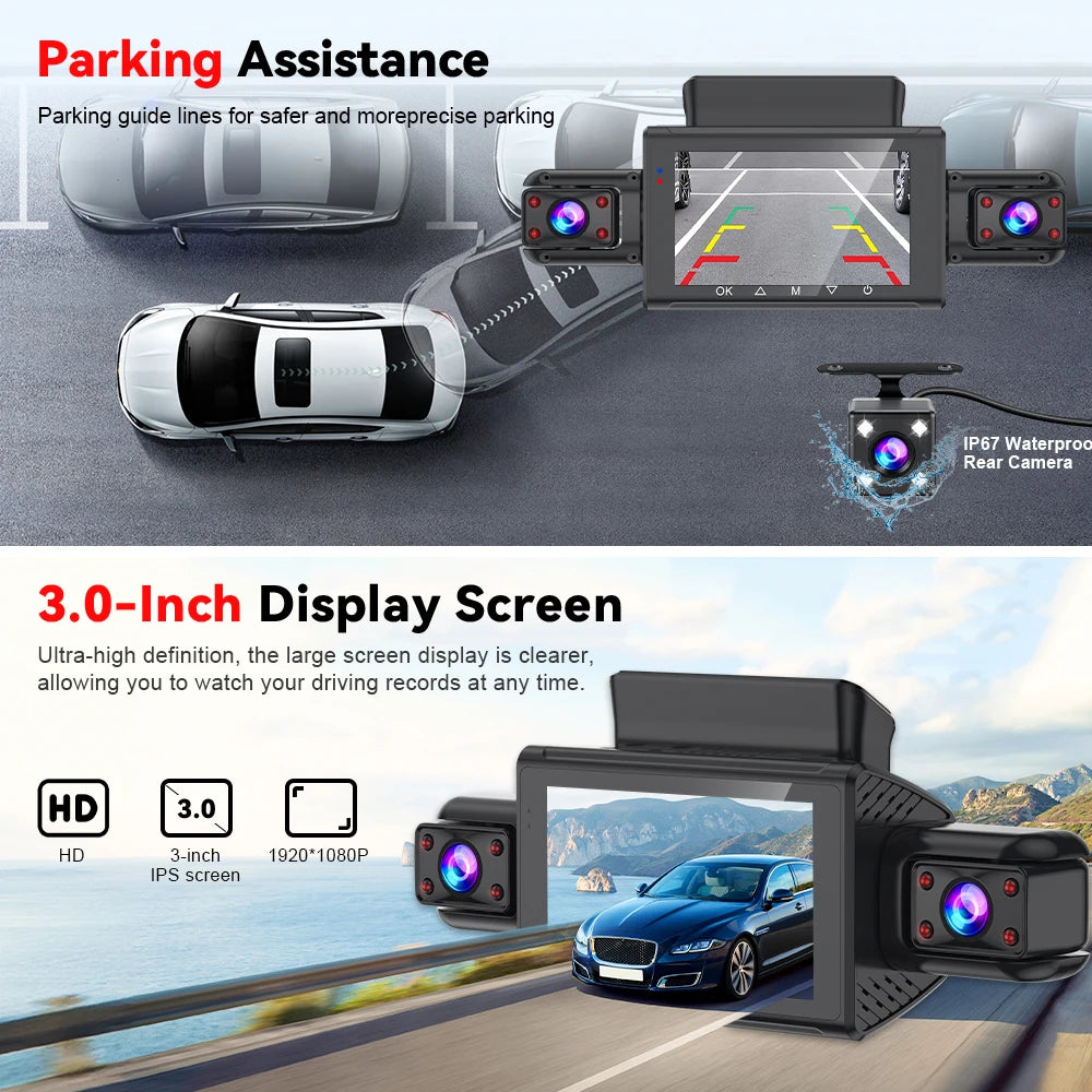 A dash cam system with a 3.0-inch display screen and rear camera mounted on a car, showing parking assistance features.