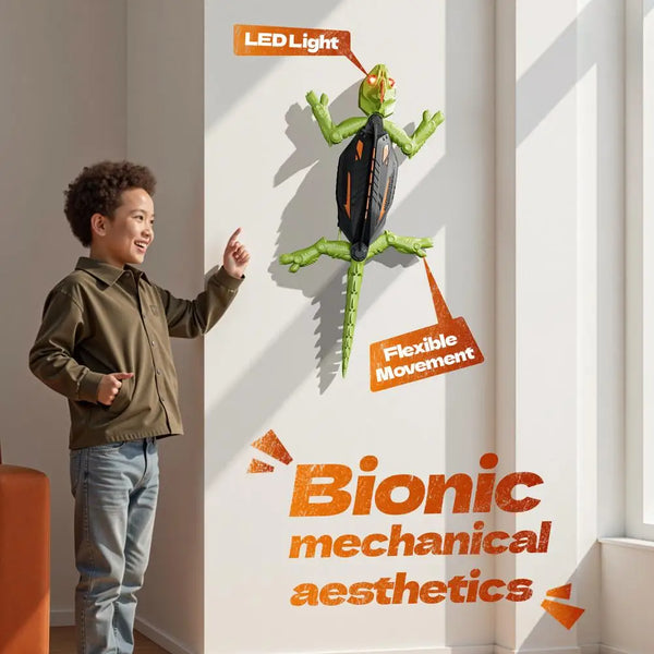 Eine Person steht neben einer Wand mit einem realistischen RC-Echsenroboter, der an der Wand montiert ist, mit Text über bion