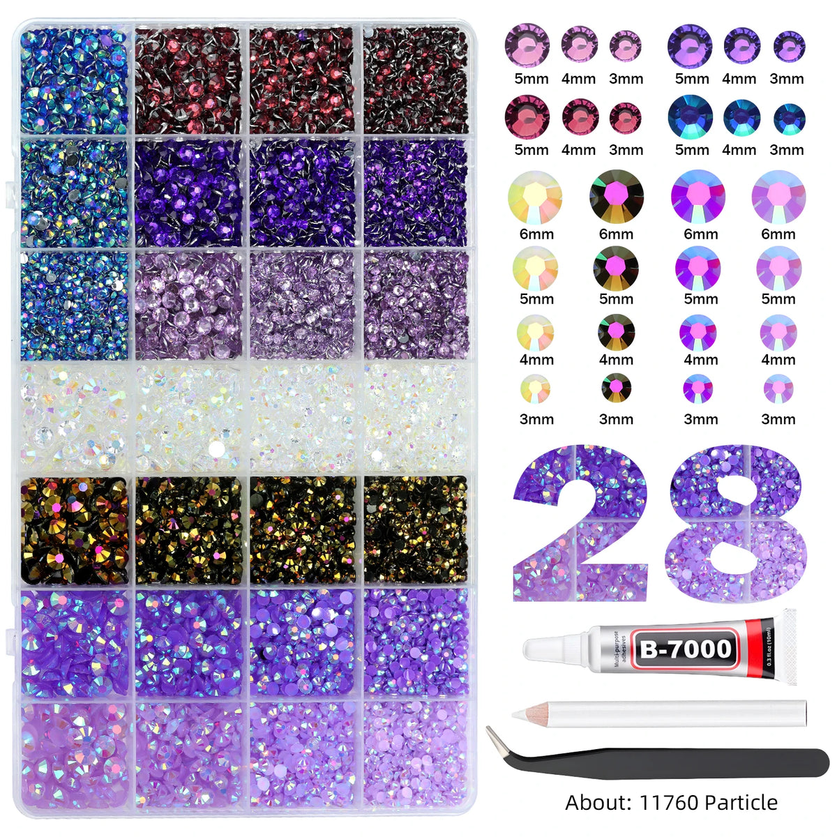 Mixed Color Resin Rhinestone Set with AB Finish – 24/28 Grid Flatback Drills for Crafting & Decoration