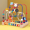 A wooden bead maze toy with colorful beads and rings arranged on a wooden frame for toddlers.