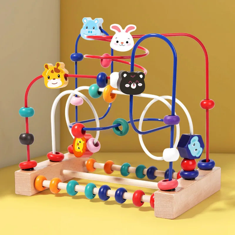 A wooden bead maze toy with colorful beads and rings arranged on a wooden frame for toddlers.