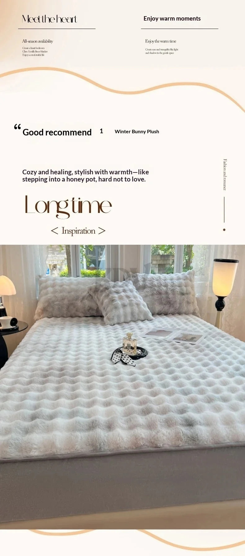 A white faux fur fitted sheet and pillowcase set displayed on a bed with soft lighting.