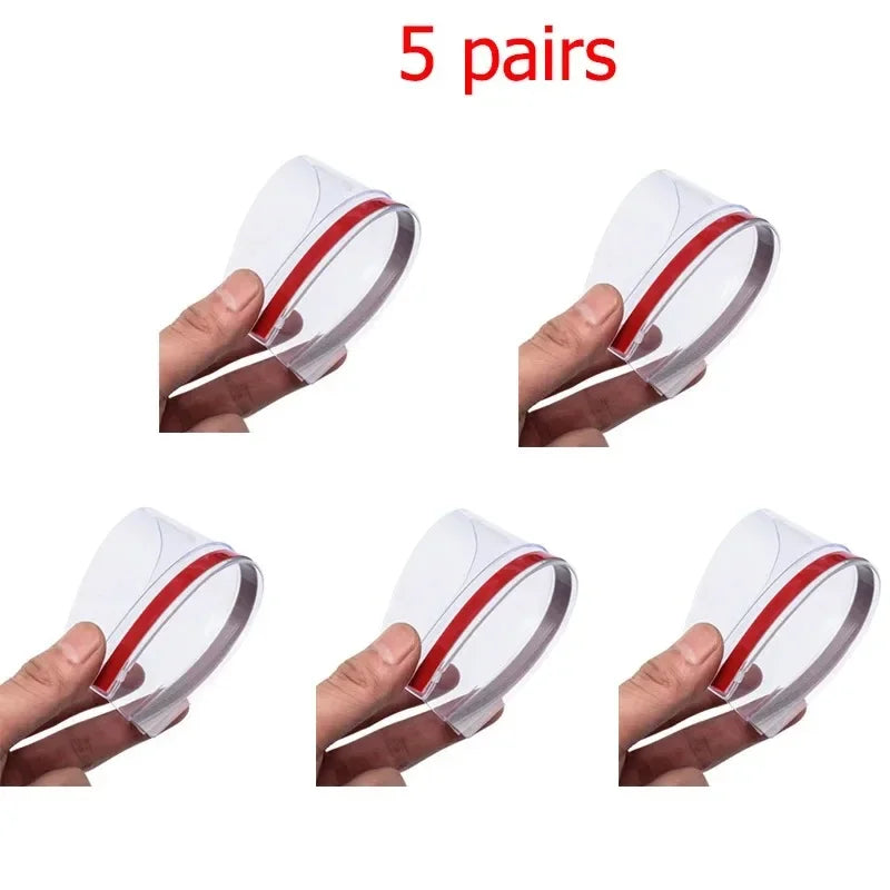 Five pairs of carbon fiber car side mirror rain and sun visors shown in various angles.