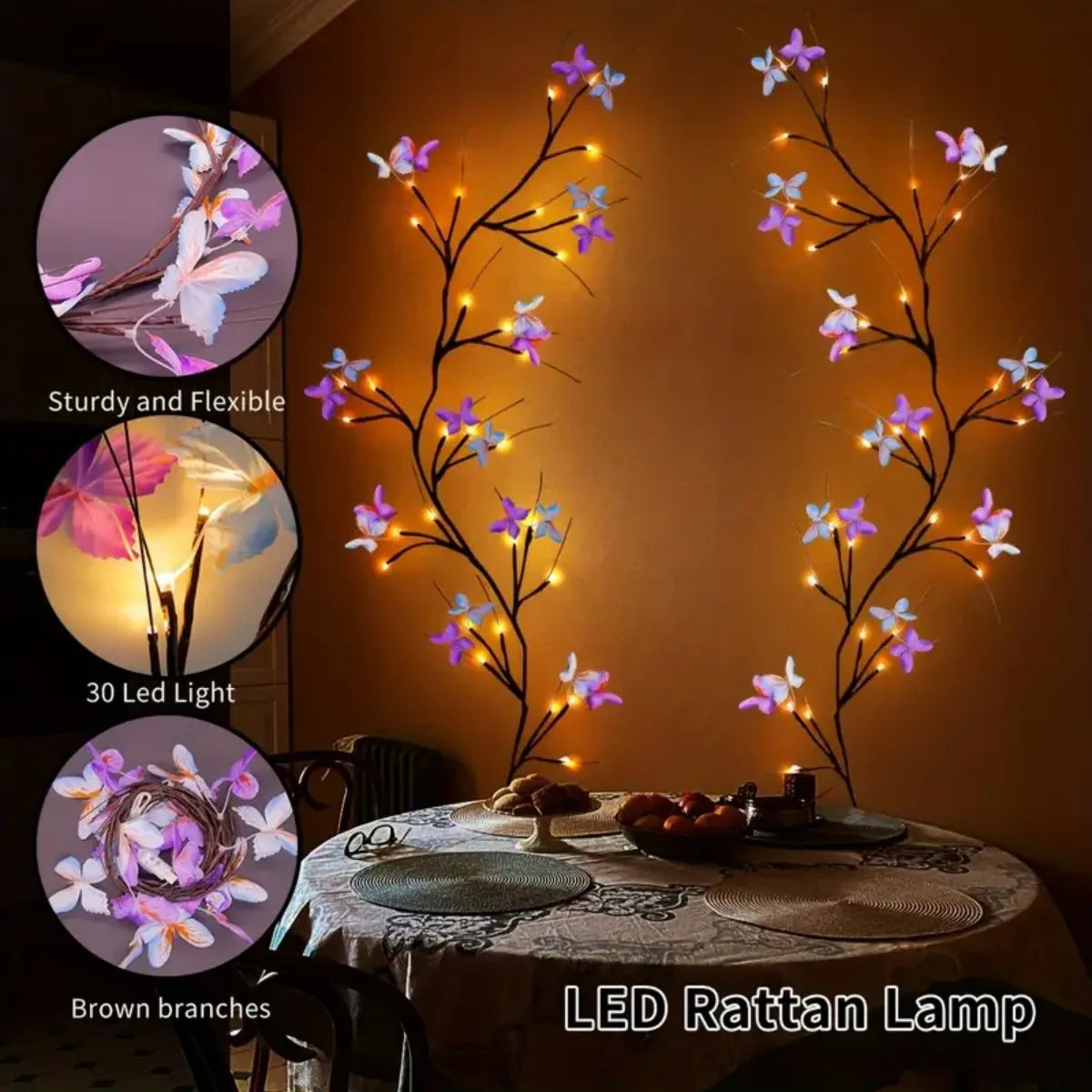 Lampe en rotin LED avec des branches brunes et des guirlandes de papillons violets et roses.