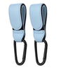 A pair of light blue PU leather stroller hooks with black straps and loops.