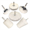 Set of cotton buffing and polishing wheels with drill shanks for use in various applications.