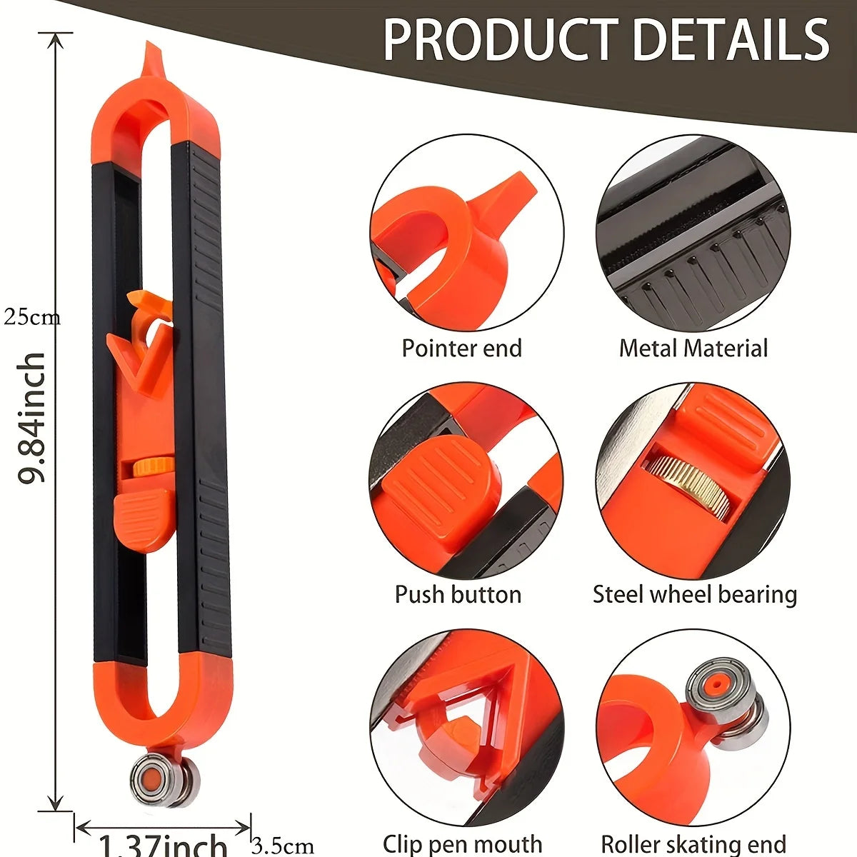 An orange and black contour gauge scribe tool with a pointed end, push button, and roller skating end for woodworking.