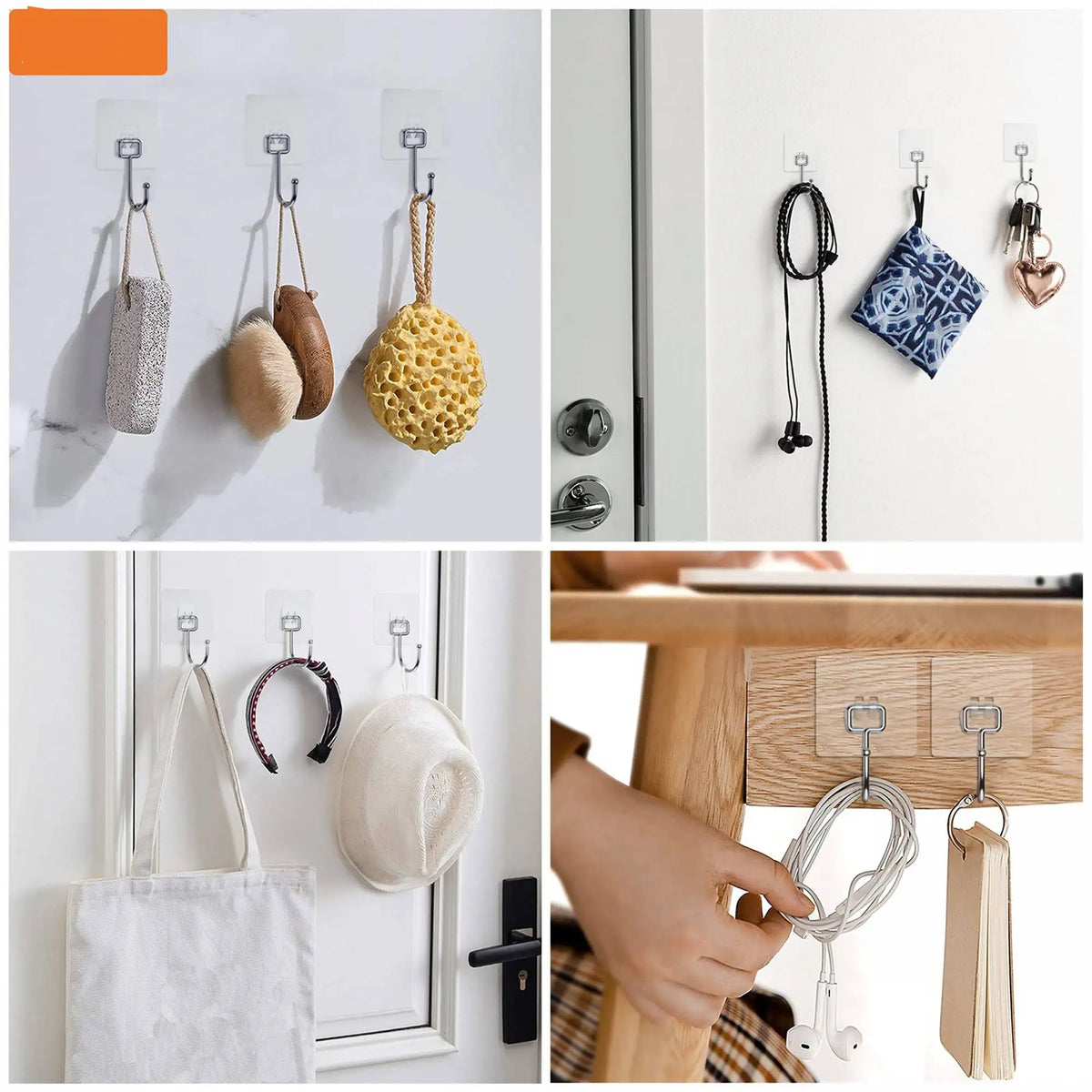 Various heavy duty adhesive hooks are displayed on a white wall and a wooden surface.
