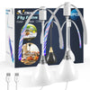 A set of two white fly fans with black blades and a cord are displayed next to their packaging.