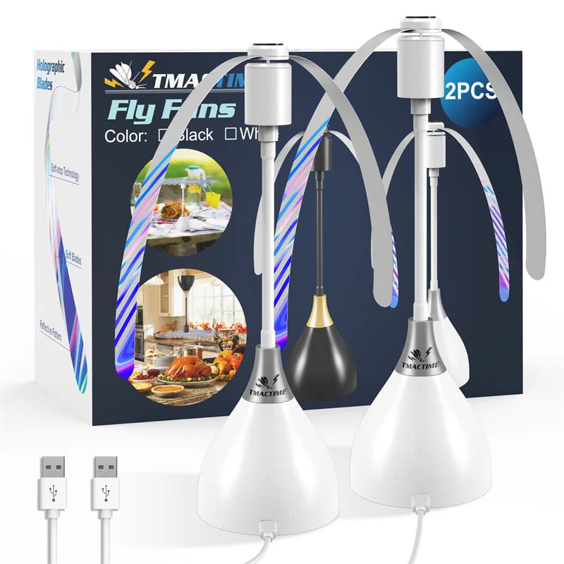 A set of two white fly fans with black blades and a cord are displayed next to their packaging.