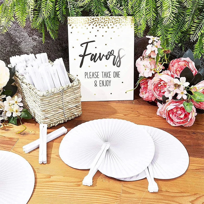 Classic White Folding Paper Hand Fans with Plastic Handles