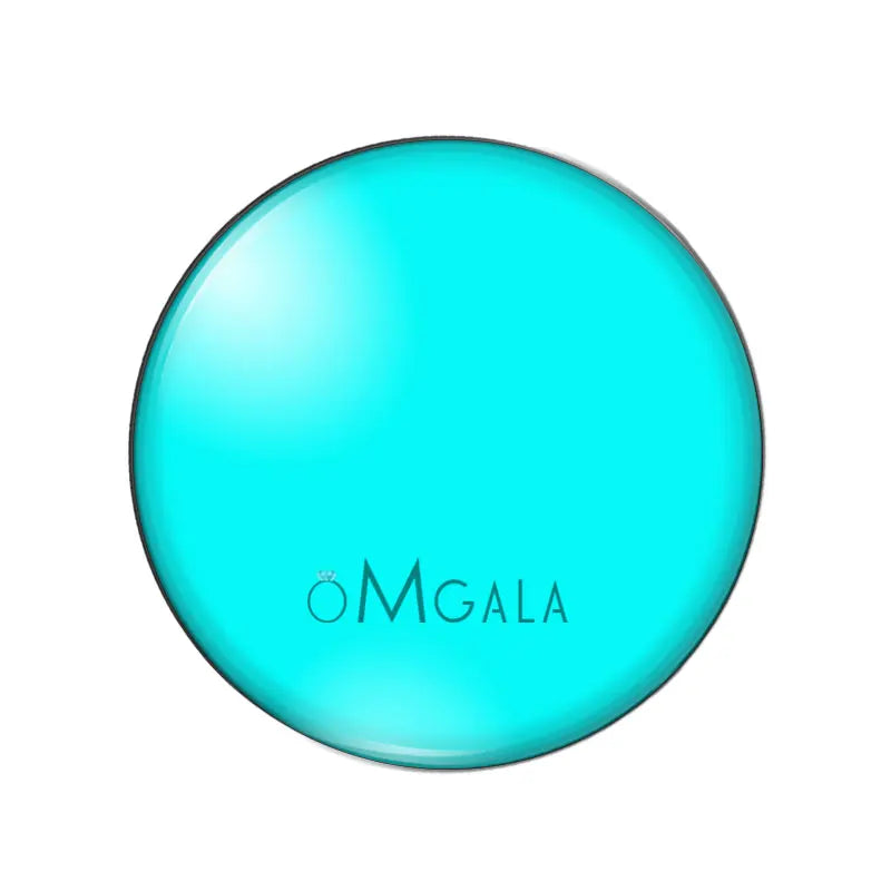A round, translucent cyan glass photo cabochon for jewelry making.