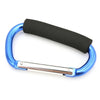 A heavy-duty aluminum stroller hook featuring a blue grip and a black comfort handle.