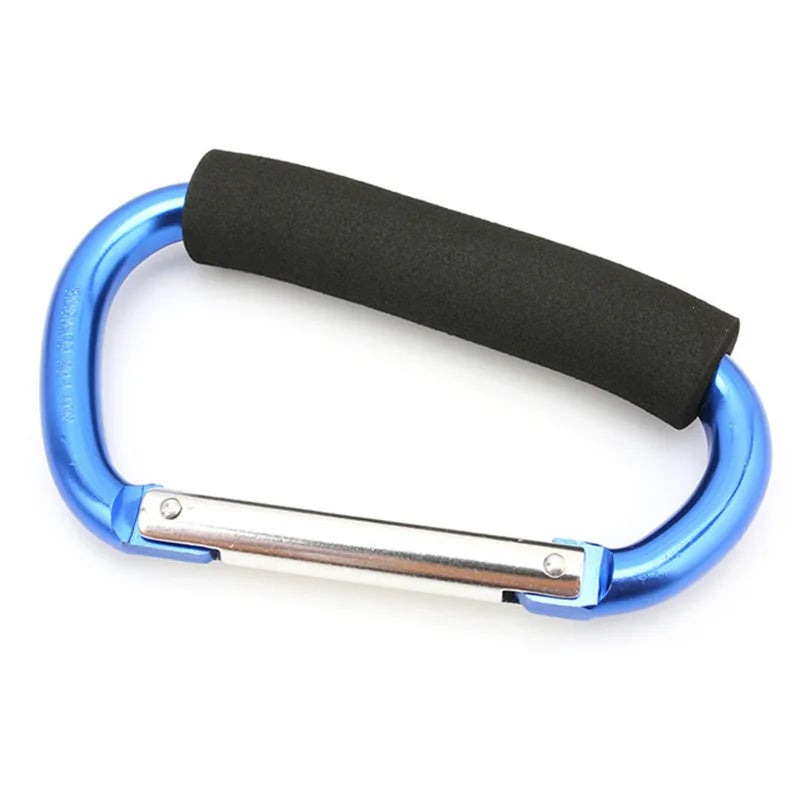 A heavy-duty aluminum stroller hook featuring a blue grip and a black comfort handle.