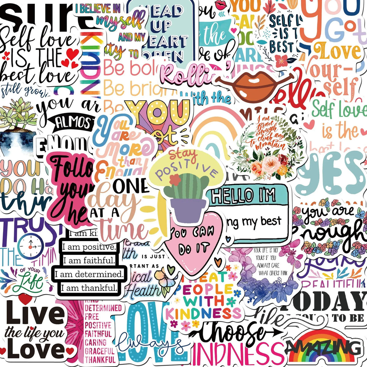 Eine Sammlung inspirierender Zitate und Affirmationen in verschiedenen Schriften und Farben auf weißem Hintergrund