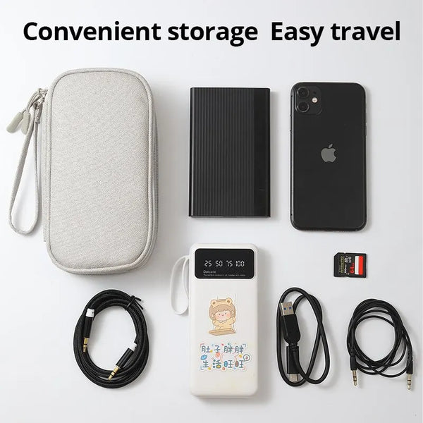 A set of travel digital organizer accessories including a padded storage pouch, a smartphone, and charging cables.