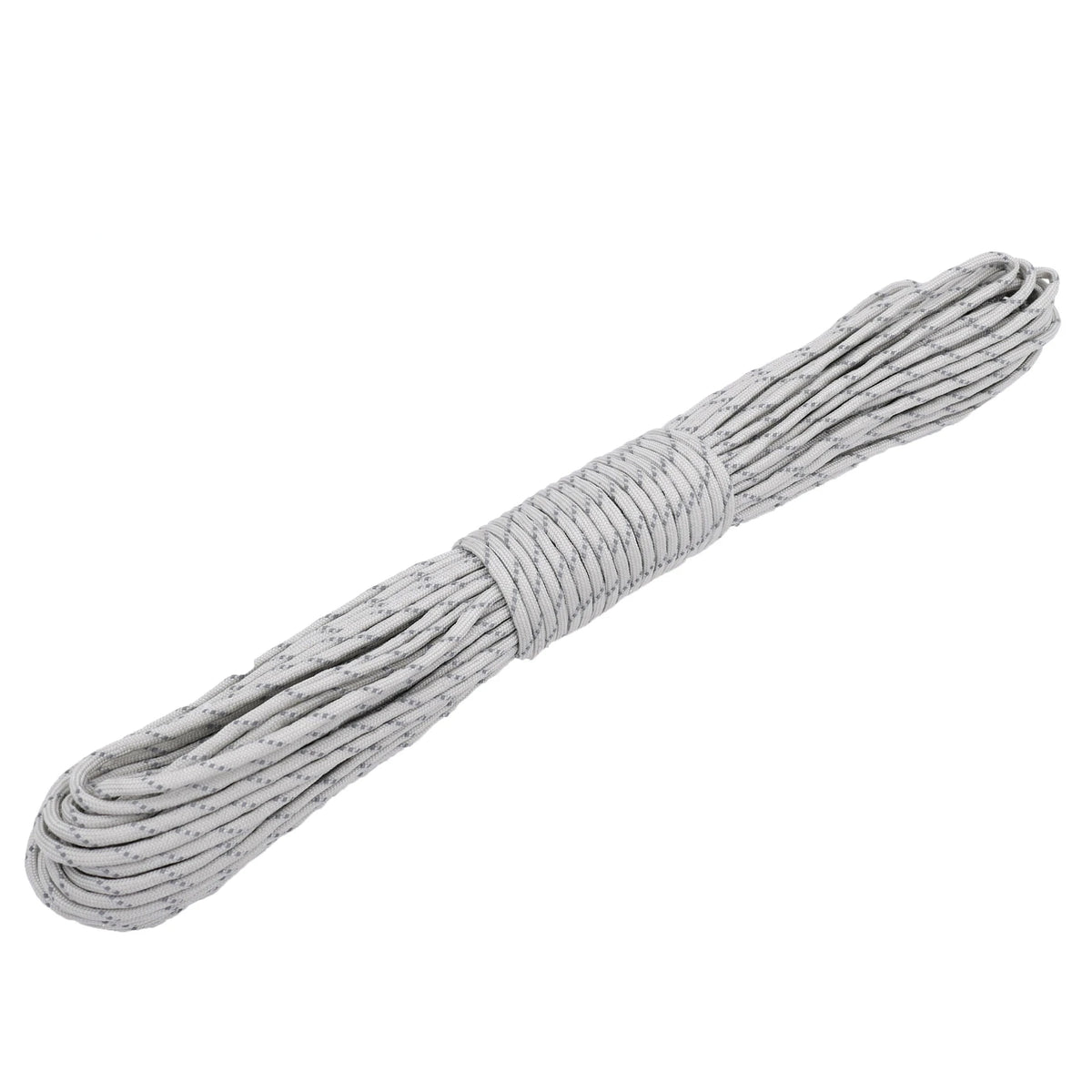 A bundle of reflective paracord rope in gray and white is shown diagonally.