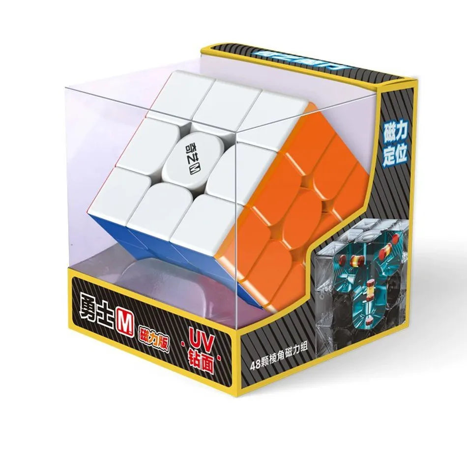 A box containing a white 3x3 speed cube puzzle with orange and blue accents, labeled for professional use.