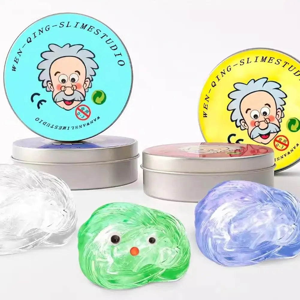 A set of crystal clear stress putty in various colors, including green and purple, with a yellow tin featuring a cartoon man.