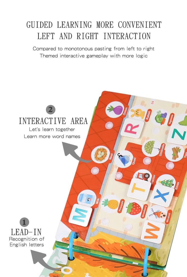 A guided learning activity featuring letter cards for left and right interaction, including M, R, T, W, X, and Z.