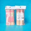 A package of pink scented drawstring trash bags with handles and a roll of beige scented material.