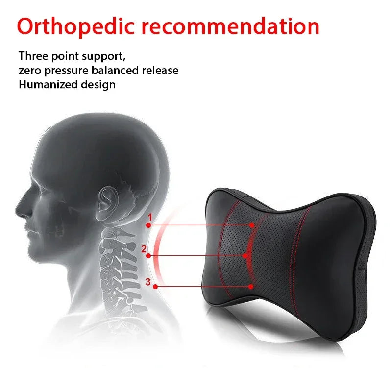 Orthopedic recommendation showing a black headrest pillow and seatbelt shoulder pad set designed for three-point support.